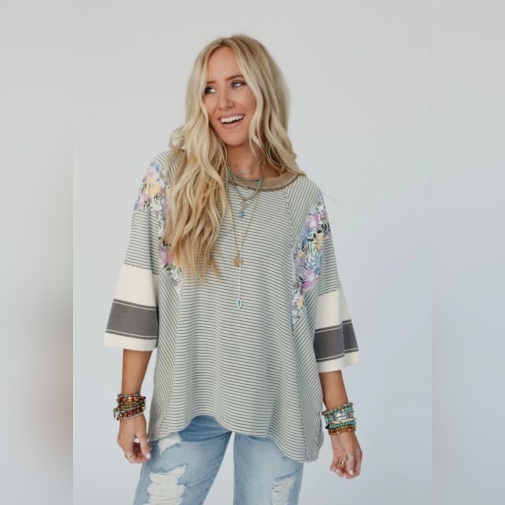 Striped Floral Sleeve Women's Top